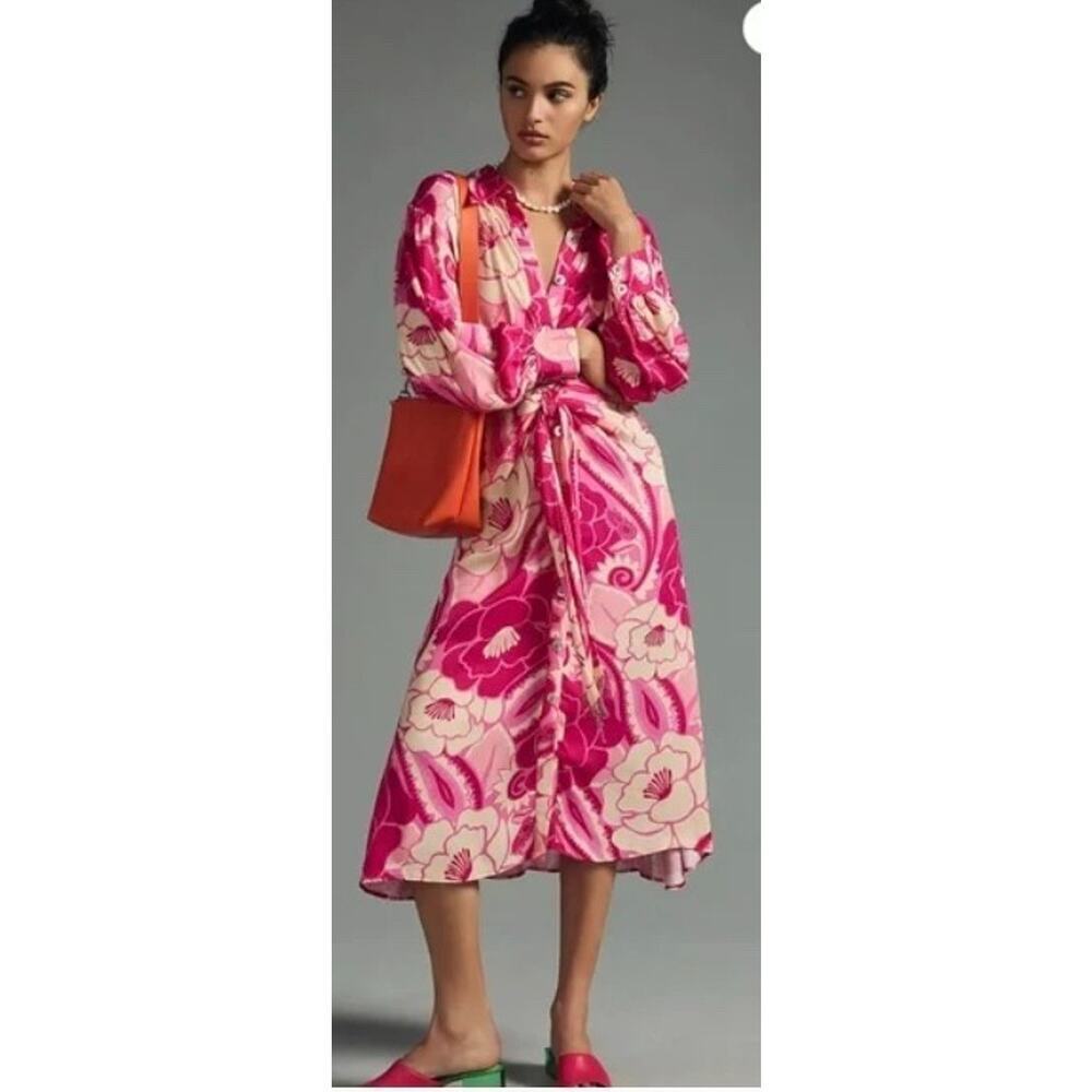New! Farm Rio Women Tropical Groove Pink Shirt Button Up Dress Sz L #34